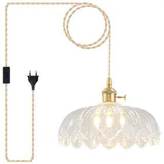 NETHCUEL Plug-In-Hängelampe, Hängeleuchte Glas-Pendelleuchte, Vintage-Transparenter-Hängelampe mit Stecker, Vintage Pendelleuchte, Geeignet für Kücheninsel, Wohnzimmer, Leuchtmittel Nicht Enthalten