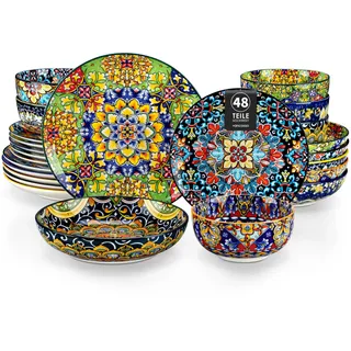 vancasso 48-teiliges Geschirr set, SIMI Geschirrset 12 Personen aus Porzellan, Tafelservice 12 Personen mit Speiseteller, Dessertteller, Suppenteller und Schalen, Boho Geschirrset