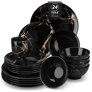 LOVECASA Daphne Porzellan Geschirrset 24-teilig für 6 Personen, Schwarz mit Gold Marmor Design, Tafelservice Set mit Essteller, Dessertteller, Schüssel und Tassen