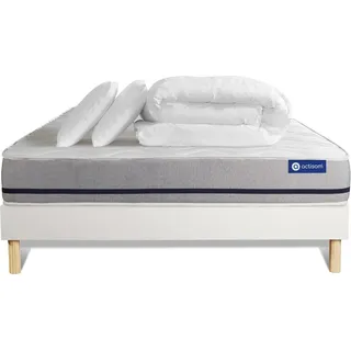 Komplettpaket Bett - Matratze 160x200 cm + Boxspringbett mit Lattenrost (im Set) + 2 Kopfkissen + Bettdecke - Actiflex Soft - Weiß