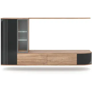 Mid.you Wohnwand , Schwarz, Eichefarben , Glas, Holzwerkstoff , 4-teilig , 5 Fächer , 255x130x40 cm , Made in Eu , hängend , Wohnzimmer, Wohnwände, Komplette Wohnwände