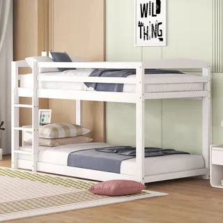 Flieks Etagenbett 90x200cm, Hochbett mit Leiter, Kinderbett mit Rausfallschutz, Massivholzbett Stockbett mit Lattenrost, Spielbett für Kinder, Weiß