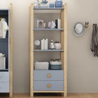 Flieks Standregal Eckregal Bücherregal mit 2 Schubladen, Badezimmerregal Lagerregal 4 Ebenen, Schmal Holzregal, 70x44x180.5cm, Blau Naturbelassen - Blau, Naturbelassen