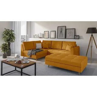 S-STYLE MÖBEL - Ecksofa und Fußhocker mit Holzfüßen im skandinavischen Stil Marco aus Gelb Luxusmicrofaser - Ottomane links - B/T/H:231 cm/161 cm/81cm - Gelb