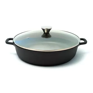 Baumalu - Schmortopf Aluguss - Ø32 cm - schwarz | Antihaftbeschichtung Whitford Xylan Plus, alle Herdarten inkl. Induktion, Glasdeckel mit Edelstahlknopf, große Kapazität