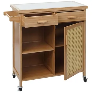 MCW Servierwagen MCW-K11, Küchenwagen Barwagen Rollwagen, Griff Schublade Arbeitsplatte 85x84x36cm Bambus, braun