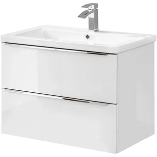 Waschtisch-Unterschrank Set 80 cm in Hochglanz Weiß mit Keramik-Waschbecken und 2 Soft-Close-Schubladen