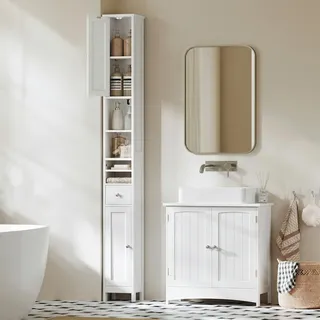VASAGLE Badezimmerschrank hoch schmal  mit verstellbaren Ablagen  wolkenweiß  MDF