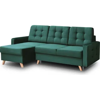 Skandinavisches Ecksofa VINCI mit Schlaffunktion, Velour Polsterecke universelle Schlafsofa (Flasches Grün) - Grün