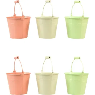 Eimer mit Henkel Übertopf Metall Pastell Ø14cm H12cm 6 Stück Deko Pflanztöpfe - Hellgelb, Orange, Grün