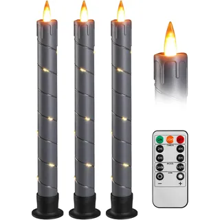 LED Stick Kerze mit Timer-Funktion, blinkende Flamme led Echtwachskerze mit Fernbedienung, Märchenleuchte Kerze LED 3 Stück (2 x 25CM) für Weihnachtsdekoration, Raumdekoration, Hochzeit & Party (grau)