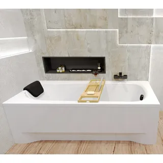 Badewanne Rechteck 150x70 mit Ablaufgarnitur und Füßen GRATIS + Verkleidung (Styropor) + Bambus Holzablage + Kopfstütze in Schwarz | BADLAND BONA