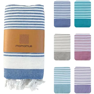 MOMOMUS Fouta XXL oder Dünne Picknickdecke Groß für Strand - Mit Fransen, Gestreift, ohne Sand - Stranddecke XXL, Strandmatte Sandfrei und Picnic Blanket - Blau, 210x240 cm