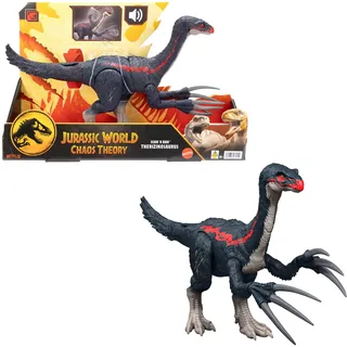 Mattel Jurassic World Chaostheorie Attacke und Brüllgeräusche Therizinosaurus Dinosaurier-Actionfigur, Klauenangriff und Brüllgeräusch, digitaler Spielspaß, JCG17, [Mehrfarbig]