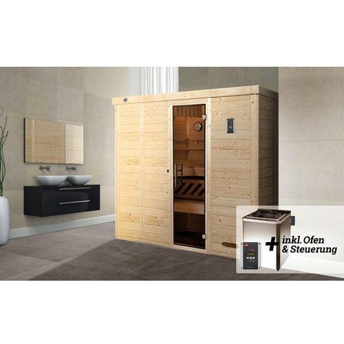 Bild von Premium Massivholz-Elementsauna Kemi 5 Sparset 7,5 kW BioS inkl. Steuerung