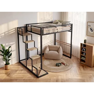Hochbett - 140 x 200 cm - Metall & MDF - Naturfarben & Schwarz - JOGUI