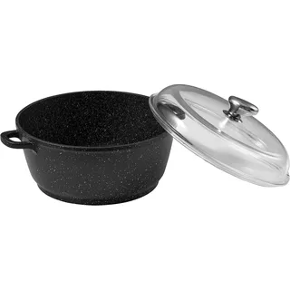 Pradel Excellence, PCUI001012, Kochtopf Premium, Aluguss Ø28cm, Glasdeckel, Antihaftbeschichtung in Steinoptik, 2 Griffschützer, alle Herdarten, Schwarz