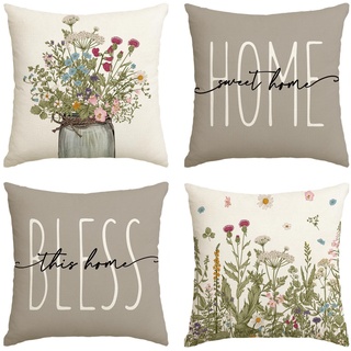 Artoid Mode Antike Kräuter Wilde Blumen Vase Frühling Kissenbezüge 4er Set, 45x45 cm Sommer Zierkissenbezug Cushion Cover Deko