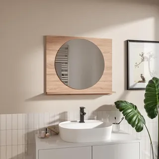 Runder Badspiegel mit Ablage 70x60 cm 55 cm Sonoma – Badezimmerspiegel Wandspiegel - Beige