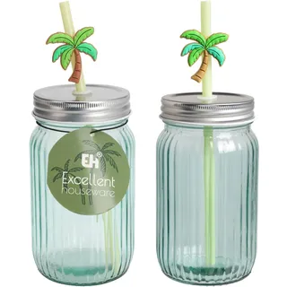 Well Home Glasbecher mit Deckel und Strohhalm, 450 ml, Design Palm PV, Grün transparent, 7,8 x 7,8 x 13 cm