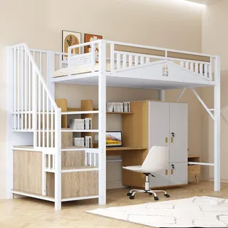 Flieks Etagenbett 90x200cm mit Treppe, Hochbett mit Schrank und Staufach, Kinderbett mit Rausfallschutz und Lattenrost, Metallbett Einzelbett, Weiß - Weiß