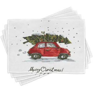 ABAKUHAUS Weihnachten Platzmatten, Retro-Auto mit Baum, Waschbare Stoff Esszimmer Küche Tischdekorations Digitaldruck, Rot Grün