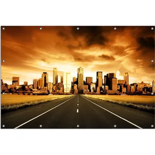 Wallario Outdoor-Poster für Garten oder Balkon, Motiv Skyline am Ende der Straße, in ca. 120 x 180 cm - Schwarz