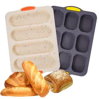 Holzsammlung Baguetteform aus Silikon, 2er-Pack Antihaftbeschichtetes Französisches Brotbackblech, 4 Gittern Baguetteblech, 9 Gittern Mini-Baguettebackblech, Haushalt Wiederverwendbare Kastenform