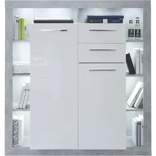 trendteam smart living - Rock - Sideboard - Weiß Hochglanz/Grau - Highboard mit 2 Türen, 2 Schubladen, 9 Einlegeboden und 8 offenen Fächern - (BxHxT) 121 x 128 x 40 cm - chromfarbene Griffe