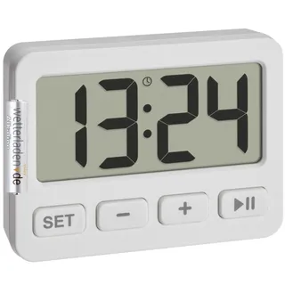 TFA Dostmann Digitale Miniuhr, 60.2036, mit Weckfunktion, Stoppuhr, Timer, ideal für unterwegs, Tastensperre, Tischuhr, Autouhr, für Examen geeignet, Quarzuhr, klein und kompakt, Weiss mit Batterie