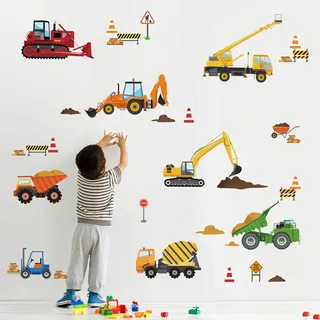 decalmile Wandtattoo Kinderzimmer Baufahrzeug Baustelle Wandaufkleber Konstruktion Traktor Bagger Lastwagen Wandsticker Jungen Spielzimmer Wanddeko