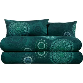 Erwin Müller Bettwäsche, Bettgarnitur Sparpaket 4-TLG. Flanell - Mandala - mollig warm, temperaturregulierend, mit praktischem Reißverschluss - Petrol Größe 40x80 cm / 135x200 cm