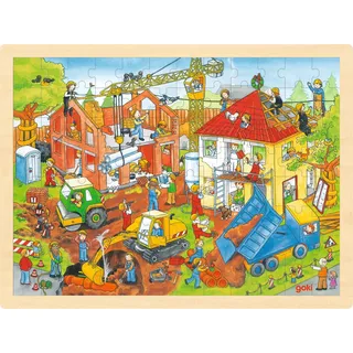 goki 57670 - Einlegepuzzle Baustelle aus Holz, Holzpuzzle Krahn, Bagger, Walze, Kipper etc., Lernspielzeug und Kinderpuzzle, fördert Fantasie und Motorik der Kinder, 40cm x 30cm, 96er Set, ab 3 Jahre