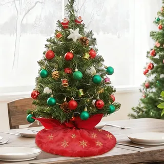 Weihnachtsbaum Decke Klein Rot, 45cm Mini Tannenbaum Decke, Christbaumdecke mit Golden Schneeflocken Paillettenstickerei, für Winter Neujahr Thanksgiving Deko für Tisch Mini Weihnachtsbaum
