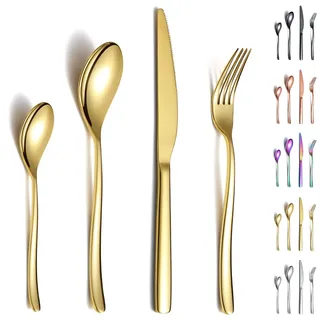 Berglander Gold Besteck-Set 24 teilig, Stabiler Edelstahl Titanium Besteck Goldenes Besteck-Set Besteck-Set Rostfrei, Gabeln und Löffel Besteck-Besteck-Set Spülmaschinenfest