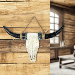 Casablanca Geweih Deko Büffel Kopf – Stierkopf Wanddeko Tierschädel Deko aus Poly Schwarz Weiß - Schädel Deko zum Aufhängen - Breite 38 cm Höhe 24 cm