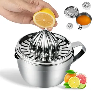 Zitronenpresse Edelstahl mit Behälter 500ml & 2 Austauschbare Presskegel - Effiziente Saftpresse Manuell für Zitronen, Limetten, Grapefruit - Zitruspresse, Orangenpresse - Spülmaschinenfest, Rostfrei