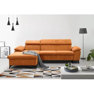 Ecksofa Colin für Wohnzimmer, schwarze MetallbeinePolsterecke Schlaffunktion Bettkasten (Stoff: sally 14 - orange, Ottomane: links) - Orange
