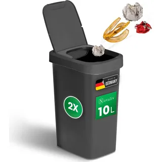 Novaliv 2 Stück Mülleimer 10L mit 2in1 Deckel, Klappdeckel & Schwingdeckel, Anti-Geruch Abfalleimer für Bad Badezimmer Küche Haushalt Büro, Müll Trash Bin Eimer Abfall Kunststoff Abfallbehälter