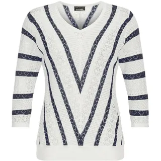 Rundhalspullover GOLDNER "Ajourpullover mit Streifenmuster", Damen, Gr. 42, weiß (weiß, marine, gemustert), Obermaterial: 50% Baumwolle CO. 50% Polyacryl PAN., gerade, V-Ausschnitt, Pullover Rundhalspullover, modischer Ajourstrick mit Sperrstreifen