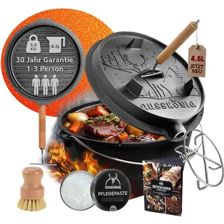 GUSSKÖNIG Premium 2in1 Dutch Oven 4,5L Set-Feuertopf Gusseisen ohne Füßen | Eingebrannt, Thermometeröffnung, für 1-3 Personen, inkl. Deckelheber-Pflegepaste-Bürste-Rezeptbuch-Untersetzer 30J Garantie