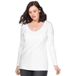 Langarmshirt SHEEGO "Langarmshirt", Damen, Gr. 48/50, weiß, 100% Baumwolle, unifarben, Rundhals, Shirts Langarmshirt