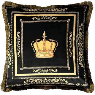 Belle Arti Luxus Dekokissen Sofakissen Samt in schwarz Gold mit Löwe, Amphore, Krone als Motiv, Bezug und Füllung (Motiv: Krone, 45 x 45 cm)