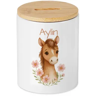 Personalisiertes Pferd Spardose Mädchen mit Wunschname, süßes Fohlen Motiv, individuelles Geldgeschenk Wunscherfüller zum Geburtstag, Taufe, Konfirmation Sparschwein Kinder