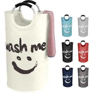 IHOMAGIC 95L Faltbar Wäschesammler Wäschetonne Stoff Wäschesack mit Griffe Dekorativer Wäschekorb mit Smiley Face für das Schlafzimmer - Wäschesortierer Aufbewahrungskorb Badezimmer Waschküche (Beige)