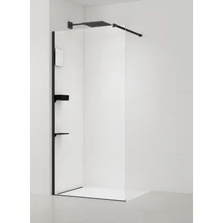 SAT Duschabtrennung Walk-In Dusche 100 cm mit Ablage und Spiegel, Schwarz - Schwarz