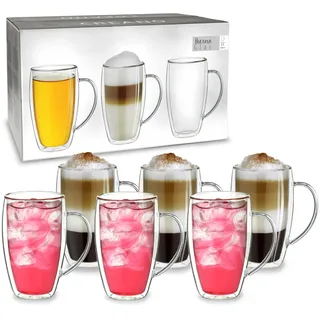 Creano doppelwandiges Thermoglas mit Henkel 400ml, großes Doppelwandglas aus Borosilikatglas, Kaffee-/Teeglas, 6x 400ml