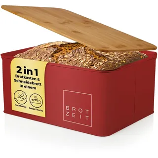 Lumaland Cuisine Brotkasten | Brotdose aus Metall mit Bambus Deckel | Brotbox rechteckig 30,5 x 23,5 x 14 cm | 2in1 Brotbehälter & Schneidebrett [Rot]