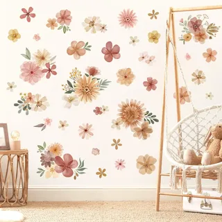 decalmile Wandtattoo Blumen Boho Wandaufkleber Gänseblümchen Blüten Aquarell Wandsticker Kinderzimmer Mädchen Schlafzimmer Wohnzimmer Wanddeko