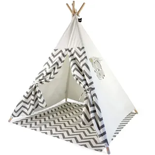 Hej Lønne Tipi Zelt Kinder weiß grau Zackenmuster mit Bodenmatte 120x120x150 cm Kinderzelt Indoor & Outdoor Spielzelt für Kinderzimmer aus Baumwolle mit Fenster